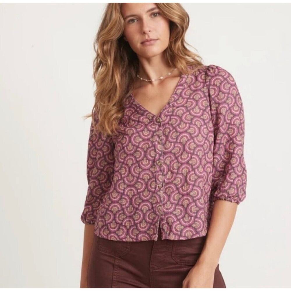 NWT Marine Layer Colette Doublecloth Boho Top Sm Pink fan printed V-Neck boxy